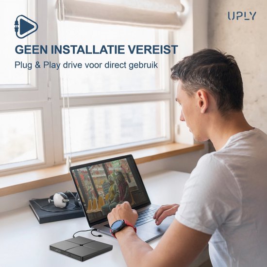 UPLY Externe DVD Speler - Windows en Mac - USB C en USB 3.0 - Externe DVD Speler voor Laptop - Externe DVD Speler en Brander - CD