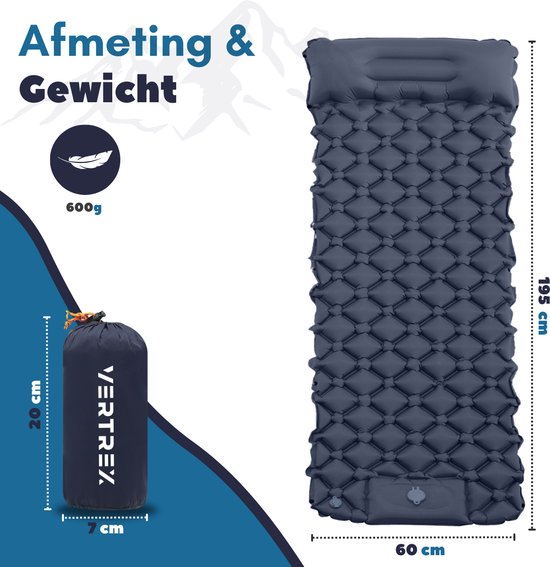 Vertrex Inflate-X1 Slaapmat met Ingebouwde Pomp - Luchtbed - 1 Persoons - Marineblauw