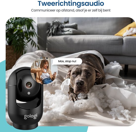 Gologi Huisdiercamera met App - Hondencamera - Pet camera - Beveiligingscamera - Security camera - Voor alle huisdieren - Met wifi - Zwart