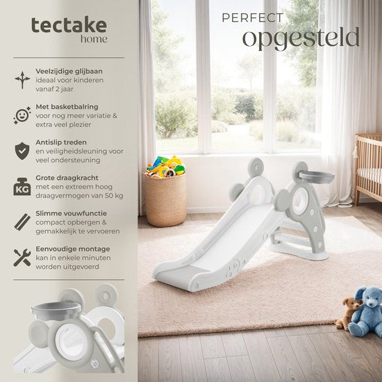 tectake® Kinderglijbaan - Glijbaan Peuter - Vanaf 2 jaar - Met basketbalring - Opvouwbaar - 128 x 66,5 x 67,5 cm - Voor binnen en buiten - Grijs