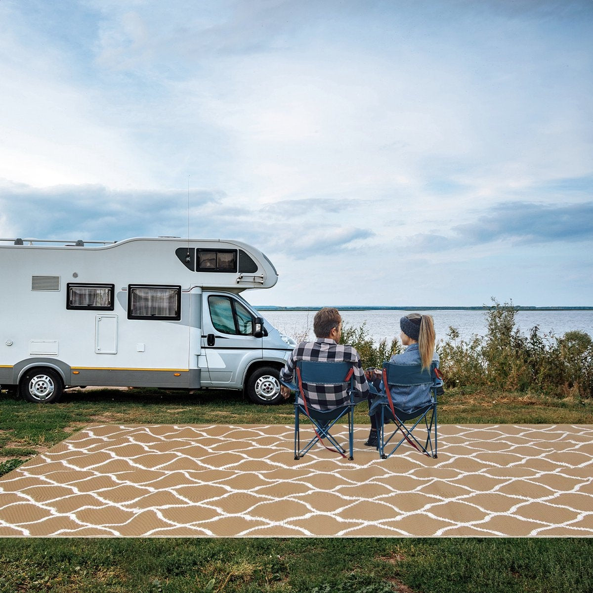 LifeGoods Buitenkleed - 274x350CM - Vloerkleed - Tuintapijt - Buitentapijt - Omkeerbaar - Incl. Draagtas - Met Patroon - Beige/Wit
