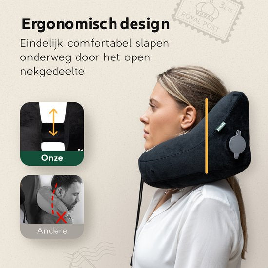 TRAVARA Opblaasbaar Nekkussen - The Airsnoozer - Reiskussen - Voor Vliegtuig en Auto - Met Oordoppen - Nek Kussen - Zwart