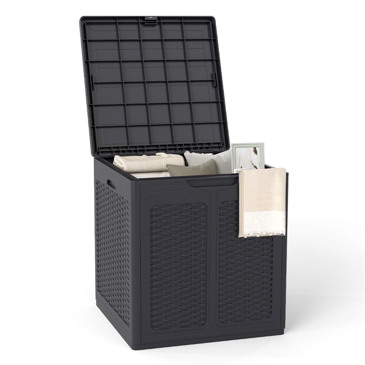 Coast Opbergbox met deksel - rattanlook - multifunctioneel - bruin/zwart - 145 liter