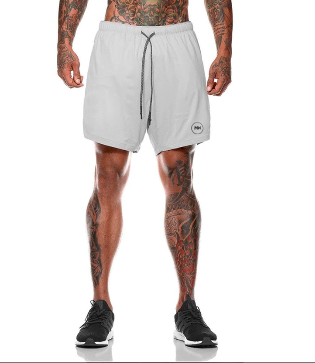 MW® - Sportbroek Heren - Fitnessbroek - Sportkleding - 2 in 1 Shorts - Hardloopbroek (Grijs - S)
