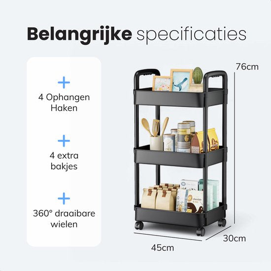Keuken trolley op Wieltjes - 3 laags - Rek - Serveer - Wagen - Kastje - Opberg - Douche kastjes staand - Rekje - Zwart - Luft