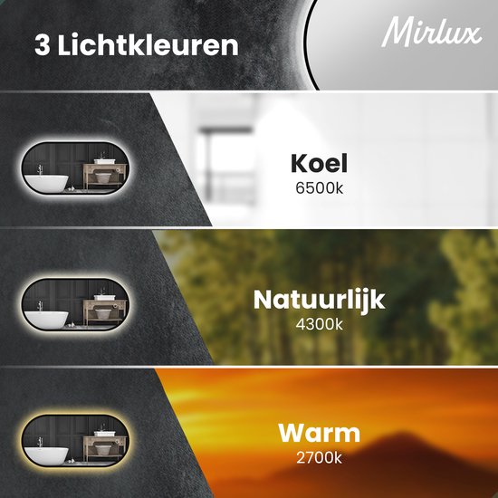 Mirlux Badkamerspiegel met LED Verlichting & Verwarming – Wandspiegel Ovaal – Anti Condens Douchespiegel - Zwart - 90x50CM