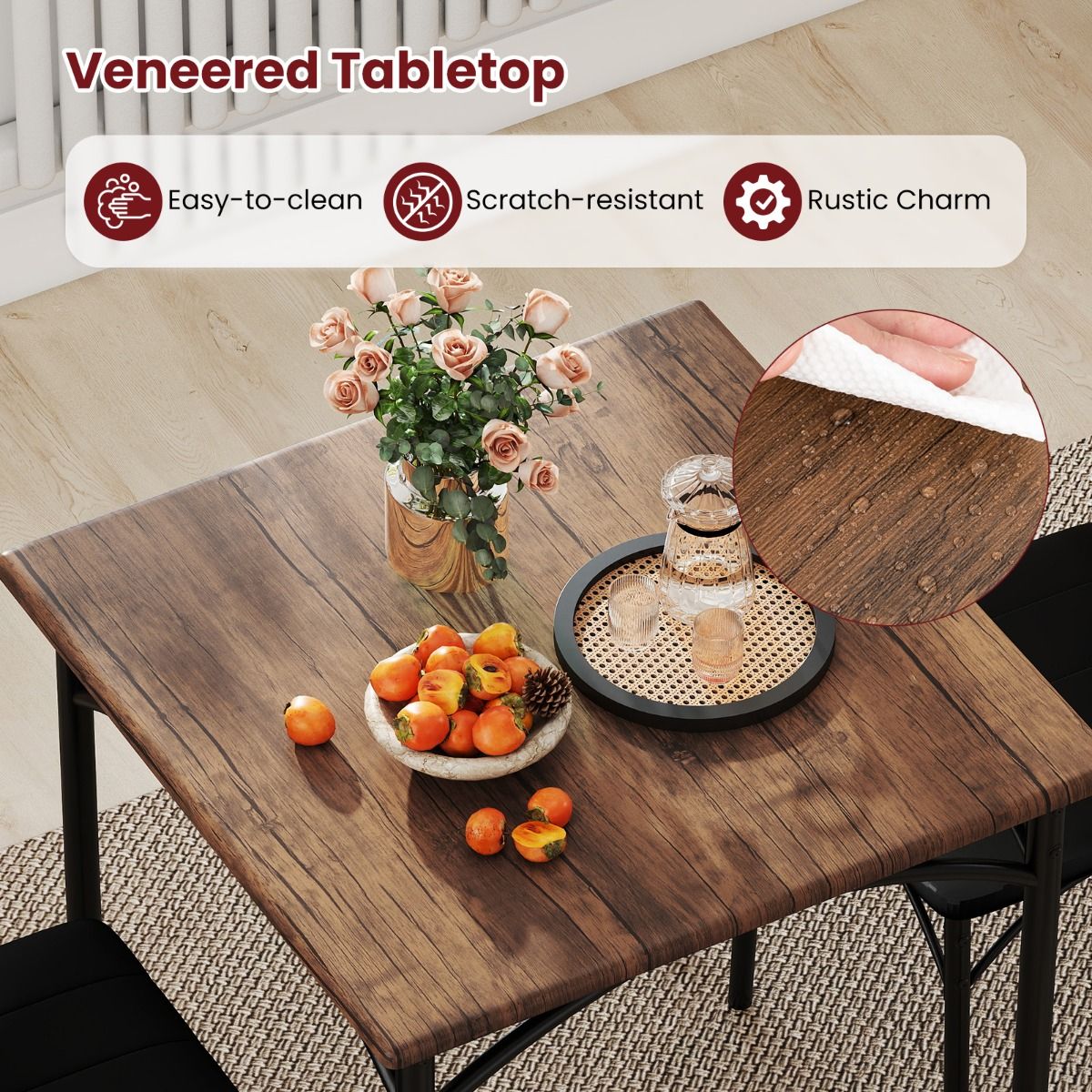 Coast Eethoekset - vierkante tafel met 2 stoelen - kunstleer bekleding - zwart en rustiek bruin