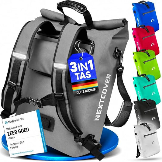 Nextcover 3-in-1 Fietstas – Rugzak & Schoudertas – 100% Waterdicht – Voor E-bike en Bagagedrager