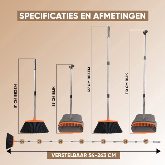 TTD® Stoffer en Blik met Lange Steel XXL - Verstelbaar 54-263 cm - Bezem - Bezemsteel - Grijs & Oranje - Veger en Blik - Vuilblik voor Binnen en Buiten - Ingebouwde Schoonmaaktanden