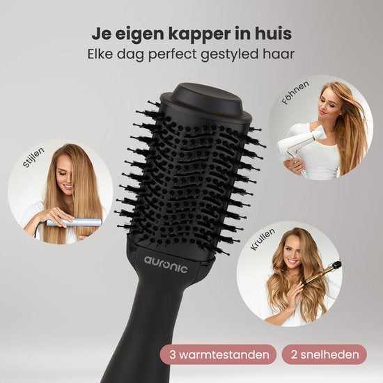 Auronic 3-in-1 Föhnborstel - Airstyler - Lang - Stijl - Krullen - 45 mm Krulborstel - Keramische Magic Brush - 1000W - Zwart/Zwart