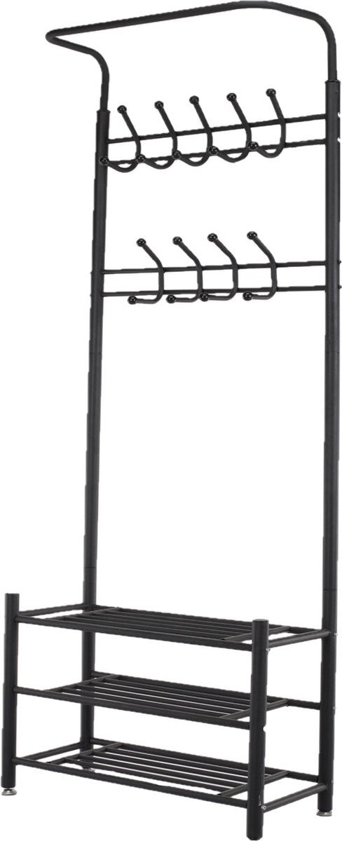 O'DADDY® kapstok staand – kapstokken - kapstok met schoenenrek – kapstok zwart - garderoberek - garderoberek met kapstok - garderoberek met schoenenrek- garderoberek metaal - 66 x 30 x 190 cm - zwart