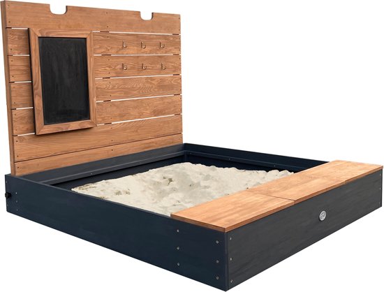 AXI Mandy XL zandbak 130 x 120 cm met opbergruimte en deksel Antraciet/bruin – Met bankje en krijtbord - Inclusief gronddoek - 10 jaar garantie!