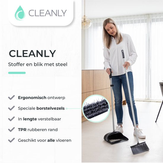 CLEANLY Stoffer en Blik met lange Steel 134 cm - Bezem voor Binnen en Buiten - Innovatieve Borstelvezels - Zwart, Grijs