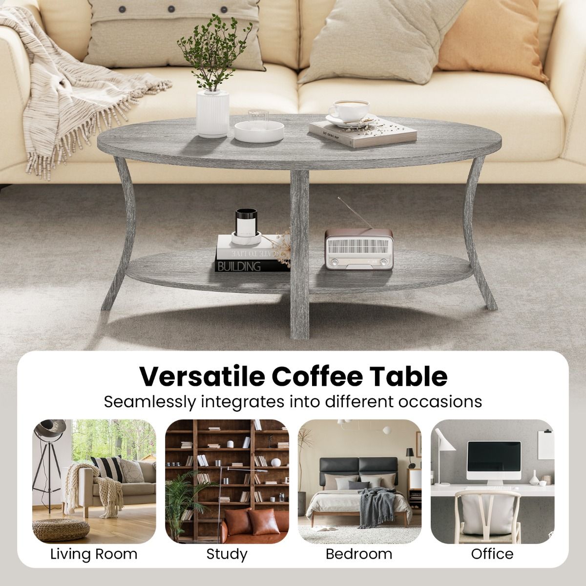 Coast Ovale Salontafel - 2-laags met opbergruimte - rubberhout - grijs - 111 x 60,5 x 47 cm