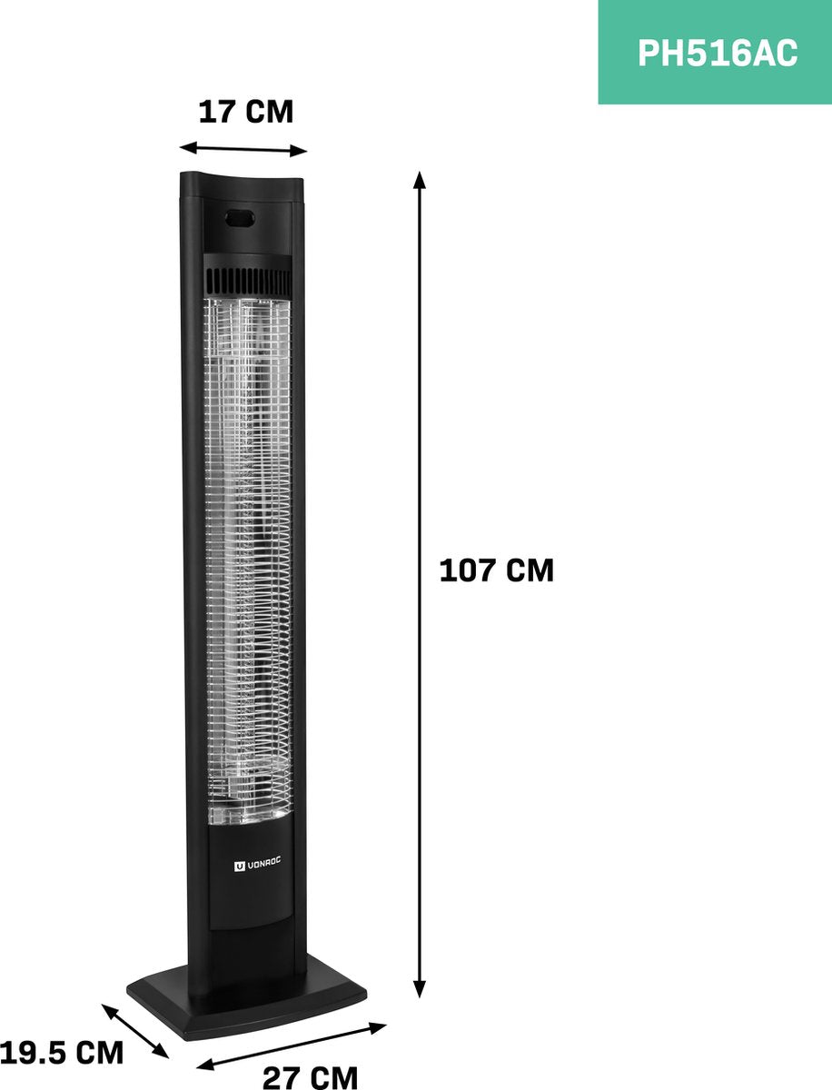VONROC Terrasverwarmer – 2 Warmtestanden – 2000 W – 117 x 27 x 17 cm – Zwart