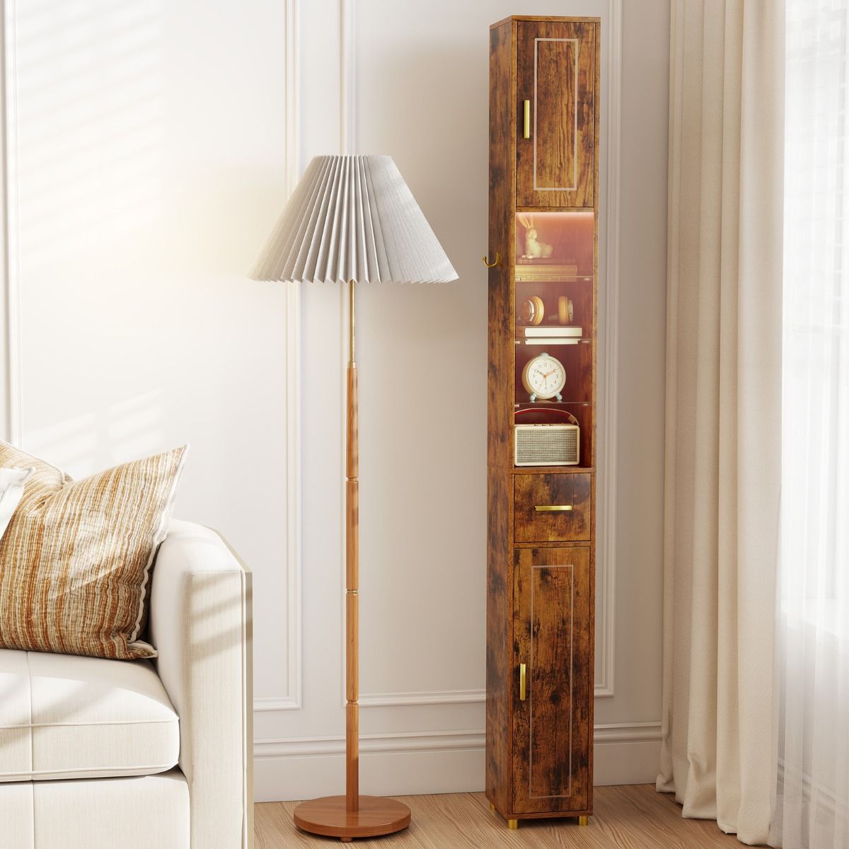 Coast Hoge Badkamerkast - smal ontwerp - met deuren en LED-verlichting - bruin - 20 x 20 x 181 cm