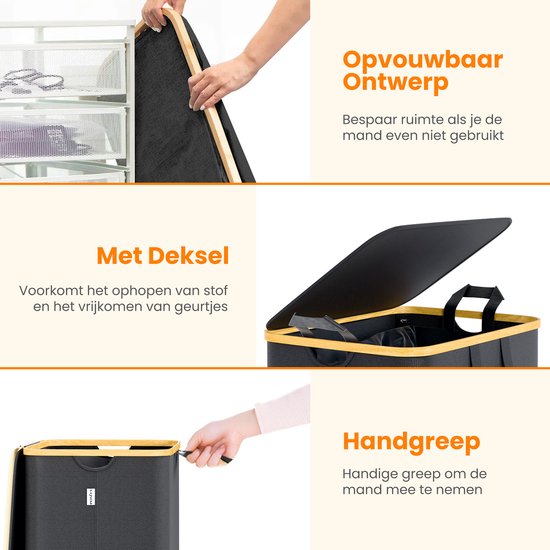 Posity Wasmand op Wielen – 100 Liter – Opvouwbaar – Wasmand Stof - Laundry Basket - Met Deksel & Handvaten - Bamboe - Incl. Waszak - Zwart