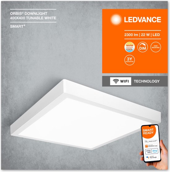 LEDVANCE Armatuur: voor plafond, SMART SURFACE DOWNLIGHT TW / 22 W, 22-…24- V, stralingshoek: 11-, Tunable White, 3-65- K, body materiaal: aluminium, IP2-