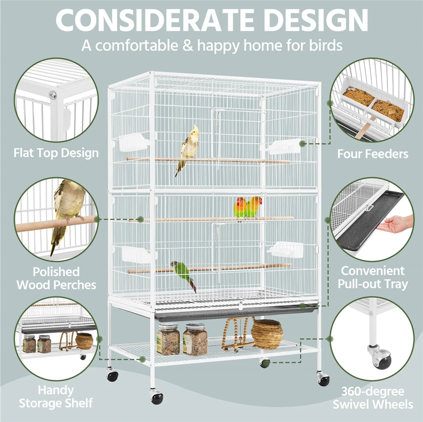 Yaheetech XXL Vogelkooi Met 360° Draaibare Wielen – Voorzien Van Onderste Opbergplank En Drie Zitstokken En Beveiligd Slot – Voor Papegaaien En Kaketoes – Wit Metaal – 79 x 52 x 132 cm