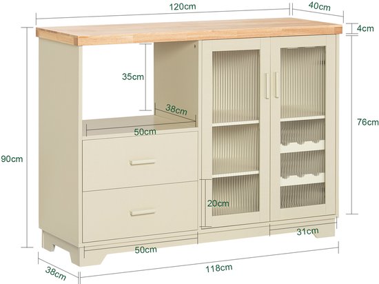 SoBuy Buffetkast Met Laden – 120 x 40 x 90 cm & Met Glazen Deuren – Voorzien Van Interne Planken En Flessenrek – Beige Gelakt Mdf