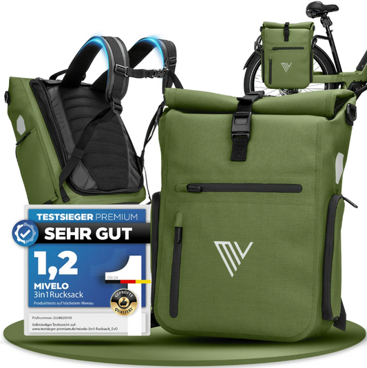 MiVelo EVO Fietstas Rugzak - 25 L - 100% Waterdicht - 3-in-1 - Laptopvak - 60 x 30 x 15 cm