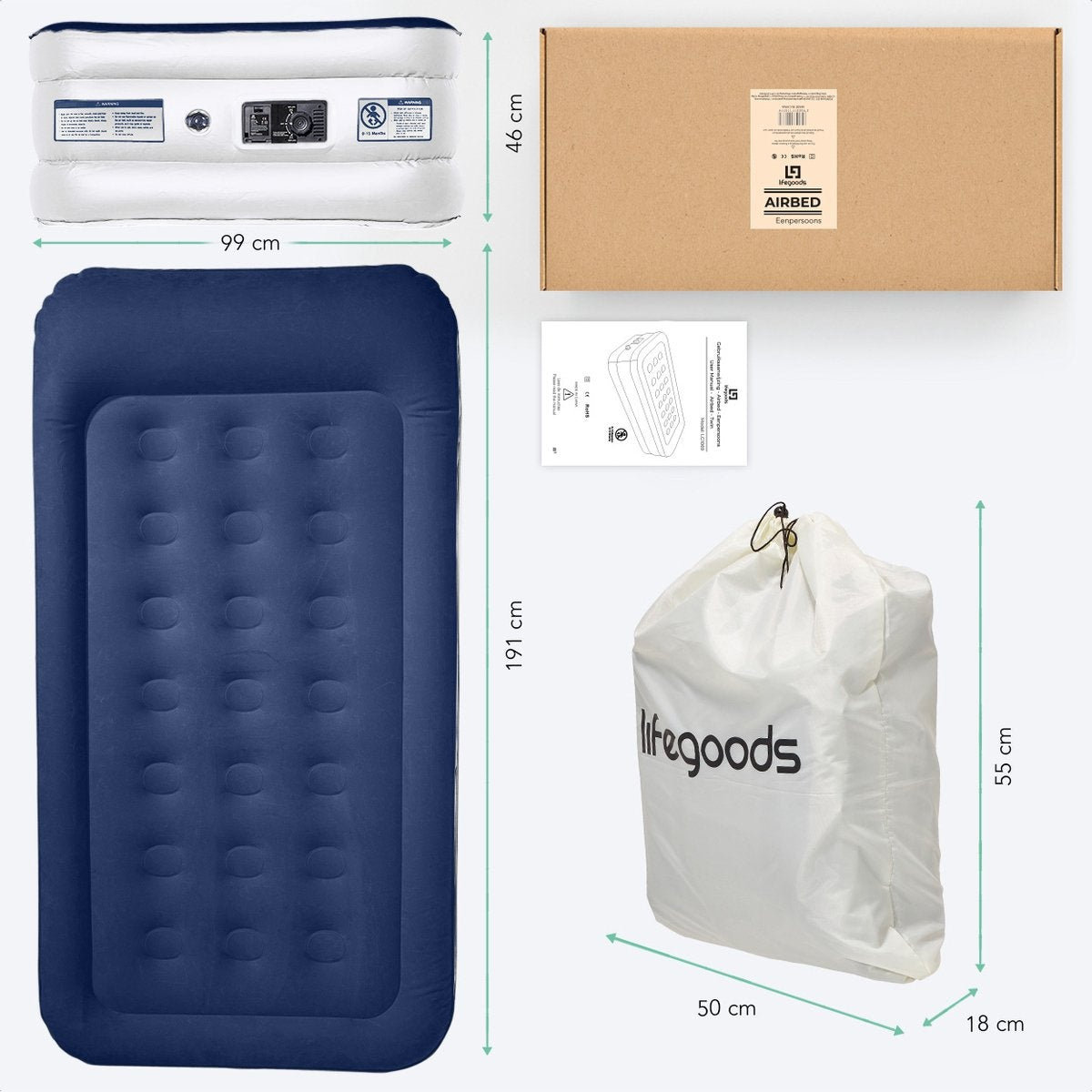 LifeGoods Luchtbed - 1 Persoons - met Ingebouwde Pomp - Incl. Draagtas en Reparatiekit - Wit/Blauw