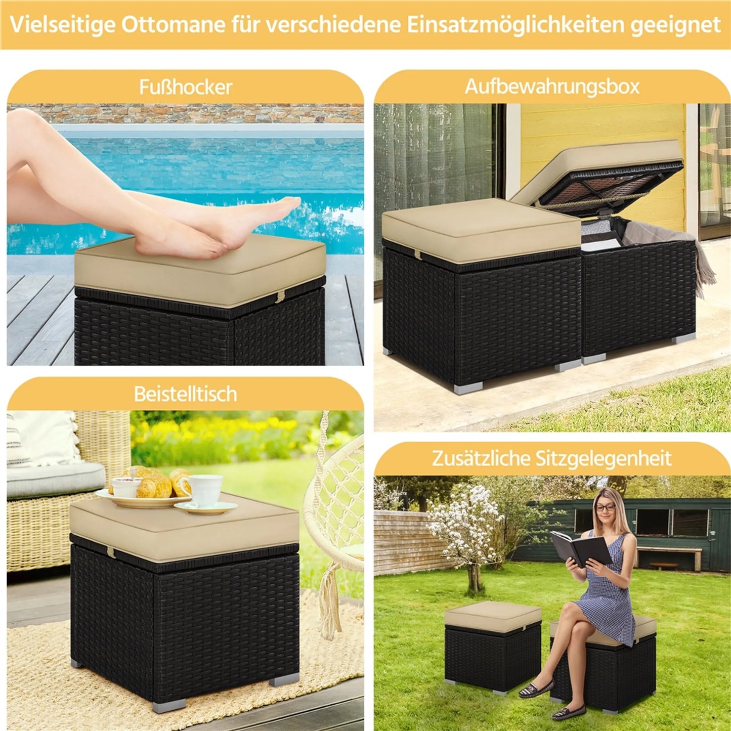 Yaheetech Kruk Met Opbergruimte 2 Stuks – Voorzien Van Verborgen Compartiment En Waterafstotend Rotanvlechtwerk En Gepoedercoat Metalen Frame – Voor Tuin Balkon En Woonkamer – Bruin Khaki Polyethyleen En Metaal – 40 x 40 x 42,5 cm