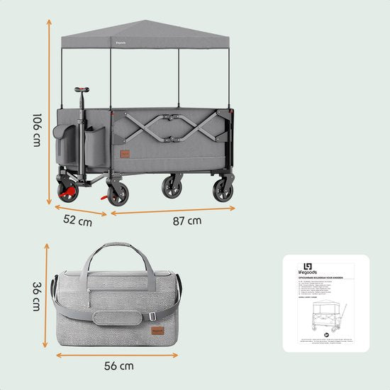 LifeGoods Bolderkar - Opvouwbaar - Kinderenvervoer - Met Dak - 80KG Draagkracht - Grijs