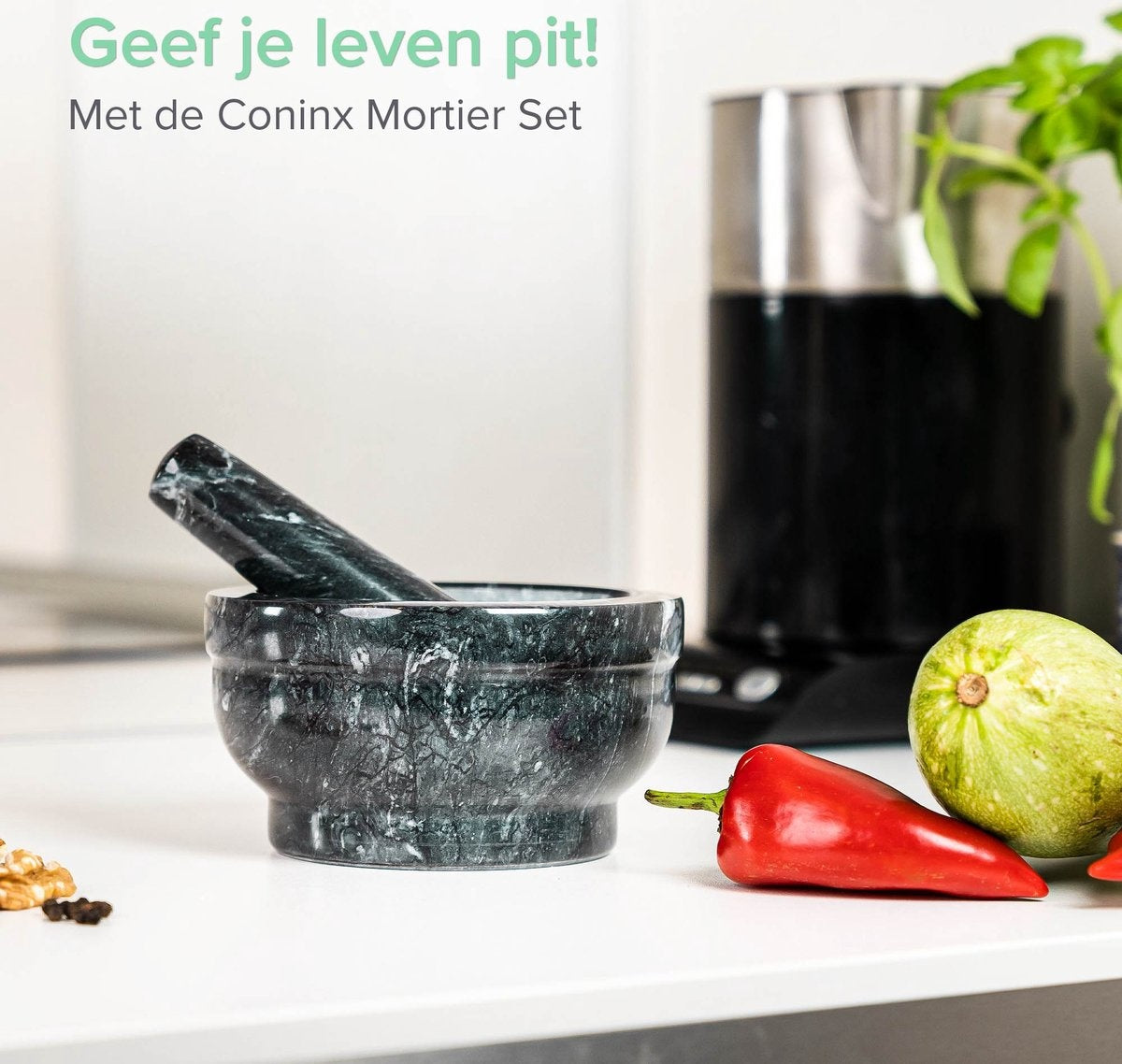 Coninx Vijzel - Mortier met stamper - Kruidenstamper - Ø15 X H8CM - Zwart Marmer Gepolijst