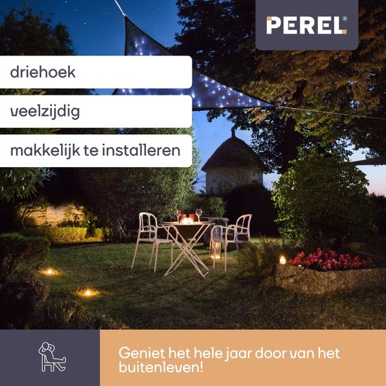 Perel Schaduwzeil met 100 leds, sterrenhemel, luifel voor tuin terras, schaduwdoek, waterdoorlatend, 90 % uv-bescherming, 3 roestvrijstalen ringen, 3.6 x 3.6 x 3.6 m, 180 g/m², HDPE, driehoek, donkerblauw