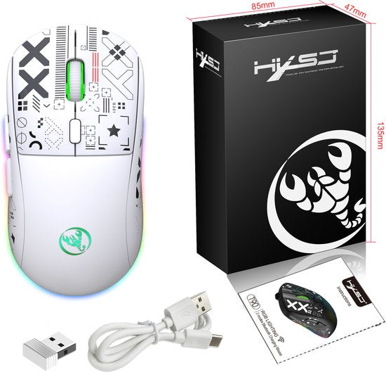 HXSJ T90 2.4G Stille Draadloze Gaming Muis - Bluetooth - Computermuizen - Ultra licht - RGB Verlichting - Wit