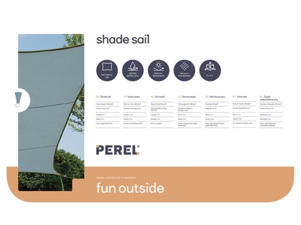 Perel Schaduwdoek, waterafstotend, 2 x 3 m, 160 g/m², polyester, rechthoek, lichtgrijs