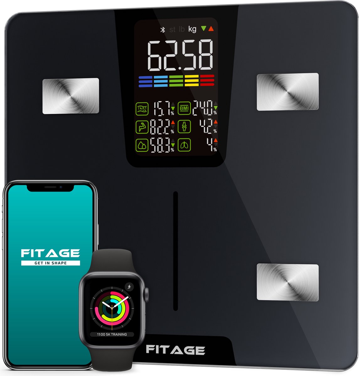 FITAGE LED Weegschaal Personenweegschaal Digitaal - Slimme Weegschaal met 17x Lichaamsanalyse - Weegschalen - FITAGE App