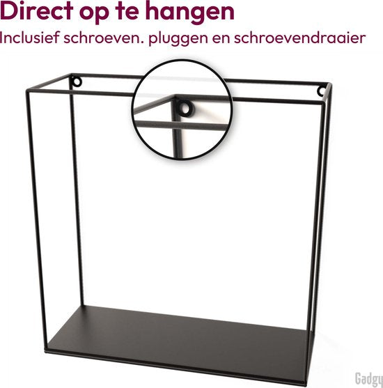 Gadgy Vierkante Wandrekken Industrieel - Set van 3 - Metaal - 32, 27 en 22 cm - Zwart