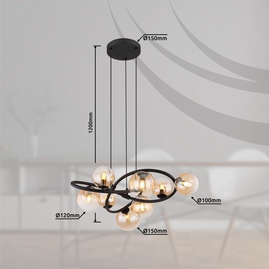 Globo - hanglamp - Tuberius - messing zwart - glas metaal - Ø 65cm - G9 - 56141-8H