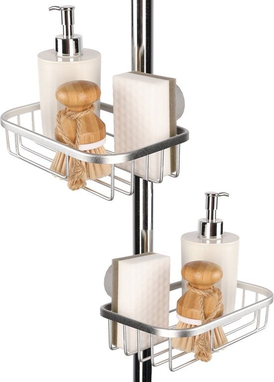 Goliving Doucherek hangend - Doucherekje - Zonder Boren - Keukenrek - Gootsteen Organizer - Badkamer Accessoires - 19,5 cm - Set van 2 - Zilver