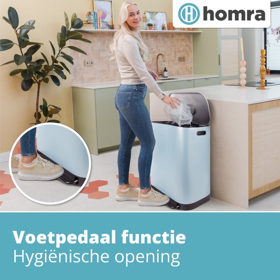 Homra Rockx Prullenbak 60 Liter - Duo Pedaalemmer 2X30L met Geurfilter - RVS Afvalscheidingsprullenbak 2 Vakken - Recycle Afvalbak - Vuilnisbak Keuken - Afvalemmer Afvalscheiding - Dubbele Prullenbakken Blauw