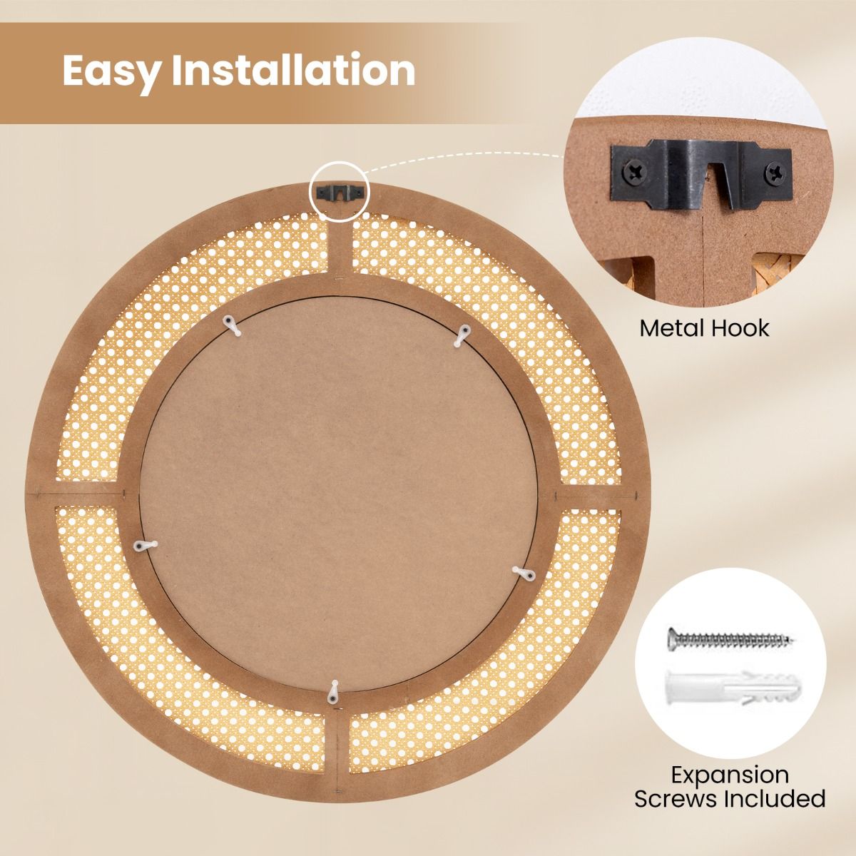 Coast Ronde Wandspiegel - Rotan Decoratie - Houten Frame - 65 cm Natuurlijk