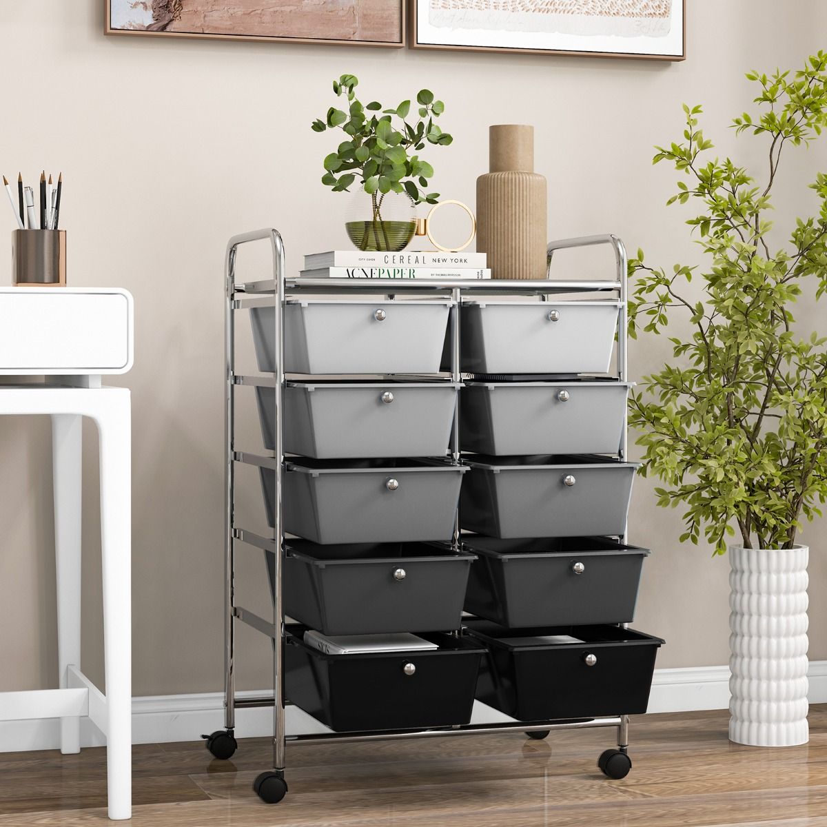 Coast Opbergwagen met 10 lades - metalen frame - vergrendelbare wielen - zwart en grijs