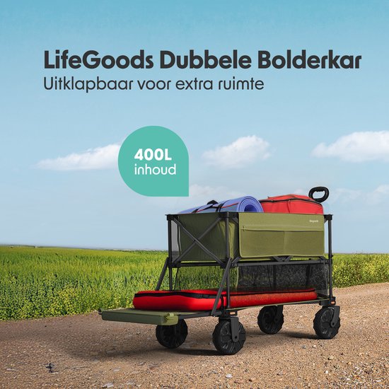 LifeGoods Dubbele Bolderkar - Opvouwbare Bolderwagen - 200KG - 400L - Uitklapbaar - Met Beschermhoes - Groen