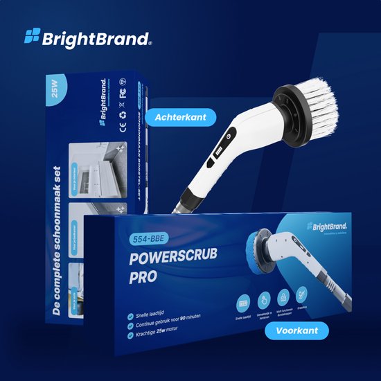 Brightbrand PowerScrub Pro - Elektrische schoonmaakborstel - Schrobborstel - Voor Badkamer en Keuken - Reiniger - Schrobber Met Steel – Luiwagen – Polijstmachine - poetsmachine met 10 opzetstukken