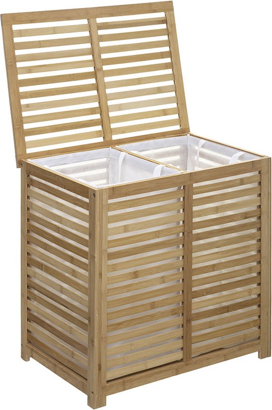5Five Wasmand Bamboe hout - Met waszak - 65 liter - 40 x 38 x 58 cm - lichtbruin - met deksel