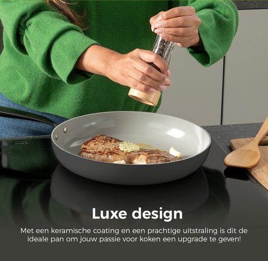 BE Living Koekenpan - Ø 28 cm - Bakpan - Keramisch - PFAS Vrij Anti-aanbak - Inductiepan - Grijs - Essential Series