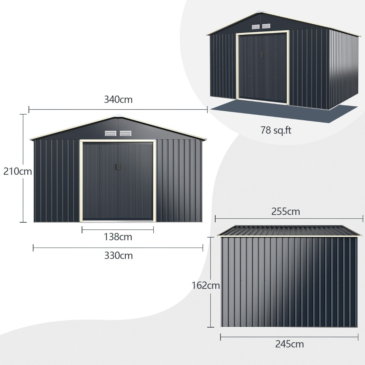 Coast Opbergschuur – Met Schuifdeur & Ventilatiesleuven – 340 x 255 x 210 cm – Metaal