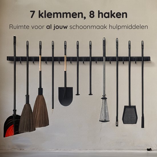 Volcan Bezemhouder - Bezem Ophangsysteem Tuingereedschap - 9 Houders 10 Haken - Zelfklevend 3M Tape - Gereedschapshouder - RVS Zwart