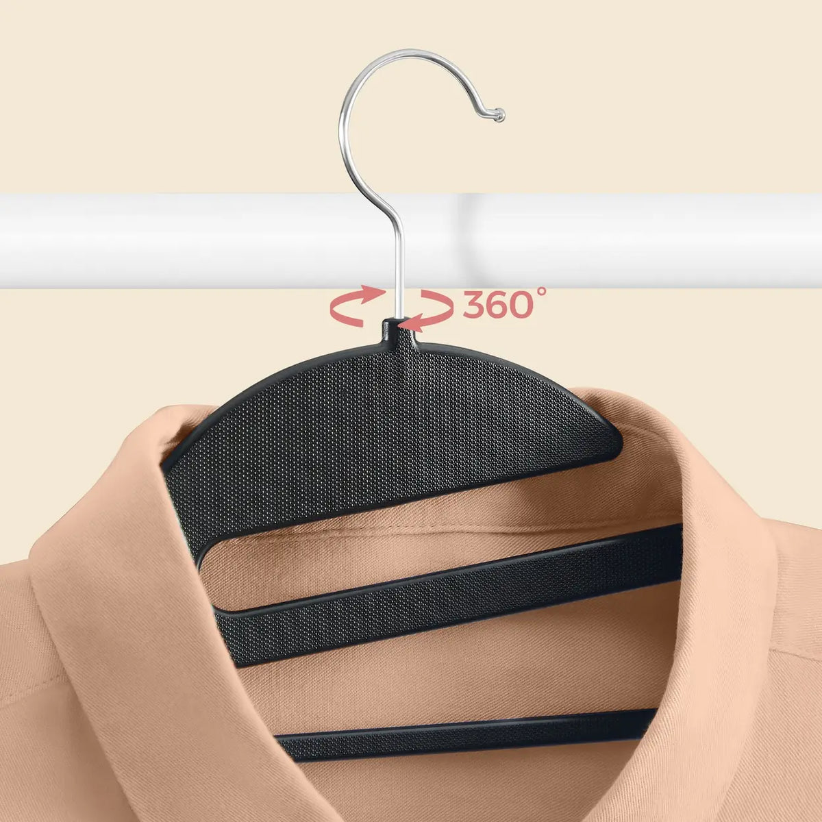 Ochama 50 Pack Plastic Coat Hangers – Black, 41.5 cm Long, Ultra-Thin 0.5 cm Profile – U-Shaped Opening for Easy Use, Non-Slip, Space-Efficient, with 360° Rotating Hook