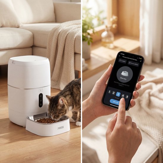 Princess Automatische Voerbak - Smart 6 Liter – Kat & Hond - App‑Bediening - Geplande Voeding - Roestvrijstalen Kom - BPA‑vrij - Antislip - Back‑up Batterij - Voerautomaat - Voerdispenser - 610060