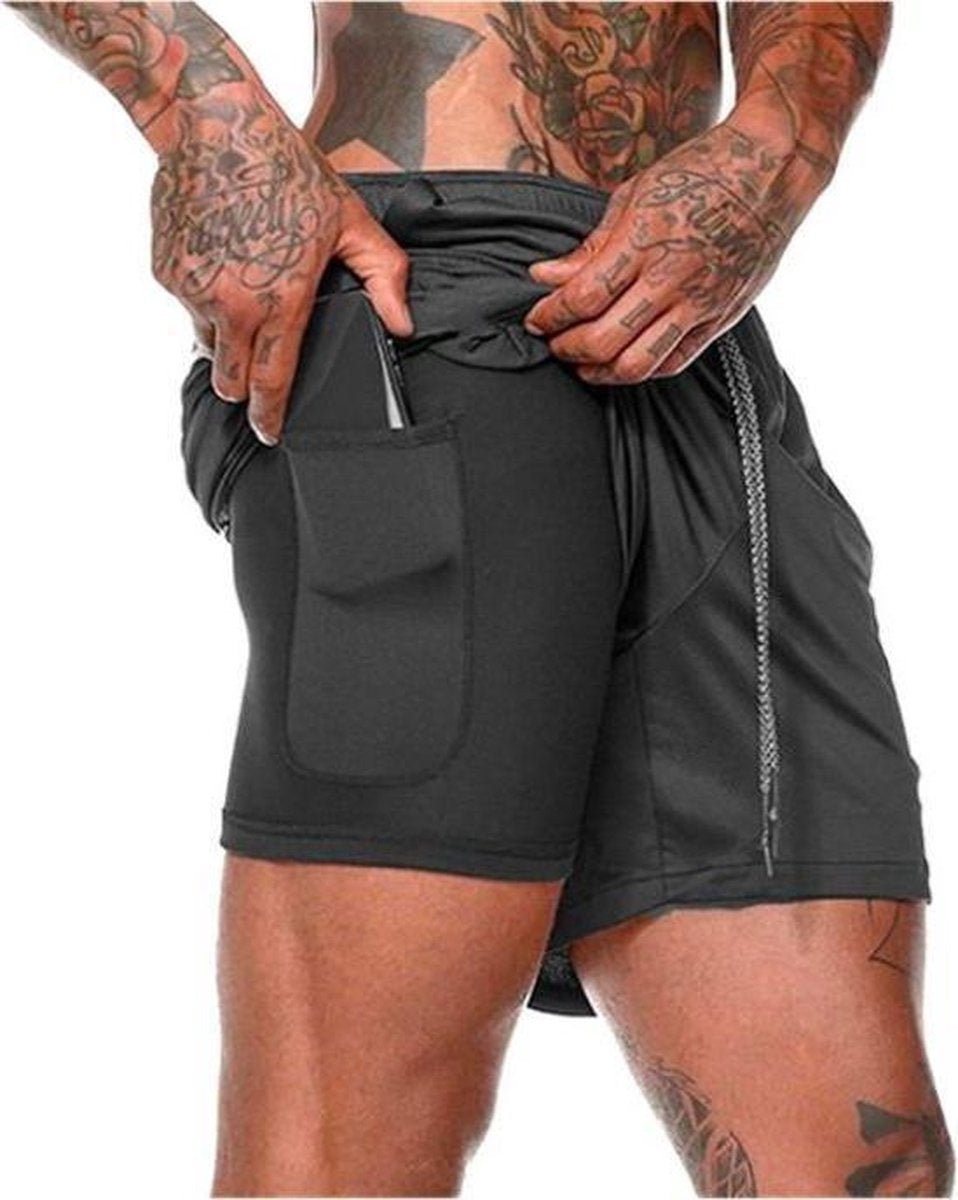 MW – Sportbroek Voor Heren – Maat M & 2-in-1 Design – Voorzien Van Mobiel Zak En Elastische Tailleband – Voor Gym En Hardlopen – Zwart Polyester