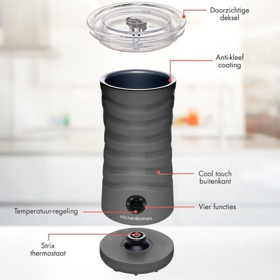 KitchenBrothers Elektrische Melkopschuimer - 4-in-1 - 240 ML - Handige Melkschuimer - Antraciet