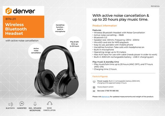 Denver Bluetooth Koptelefoon - Active Noise Canceling - Draadloos - Handsfree Bellen - BTN211 - Model 2026